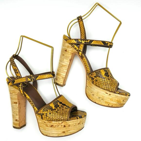 Gucci mustard platform Retro Snakeskin Animal Print Slingback Sandals 36.5 - Picture 1 of 11